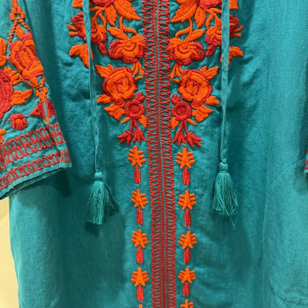 Soft Surrounding Women's 1X Cotton Linen Embroidered Tunic Dress Teal Orange - Picture 5 of 14